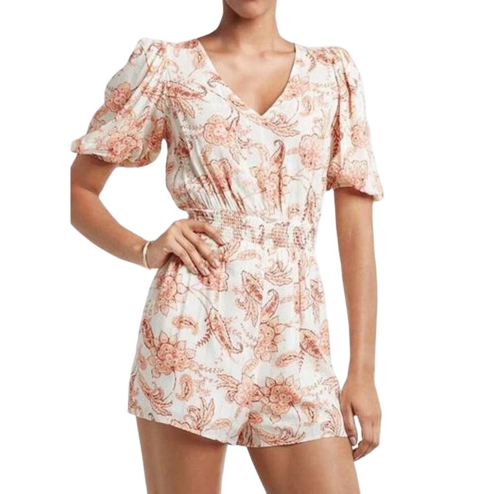 Express‎ Ivory and Coral Paisley Printed V-Neck Puff Sleeve Romper Size Small